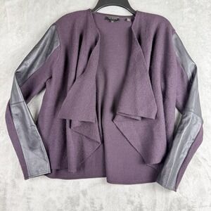 Ted Baker Jacket 3 Eggplant Purple Wool Gaeton Contrast Leather Trimmed Cardigan